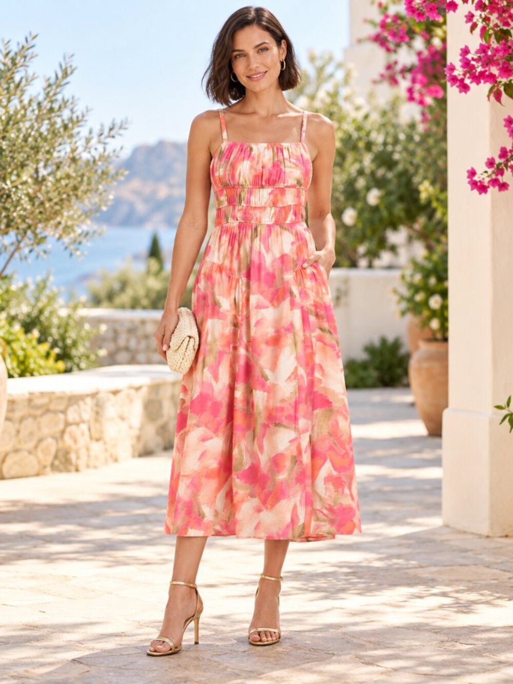 Taylor Pink Coral Floral Smocked Midi Dress Size 8 NWT